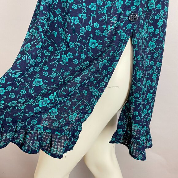 Floral Tunic Top Button-Side Shirred Sleeveless Semi-Sheer Blue Teal Pockets - Picture 4 of 11